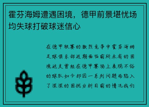 霍芬海姆遭遇困境，德甲前景堪忧场均失球打破球迷信心